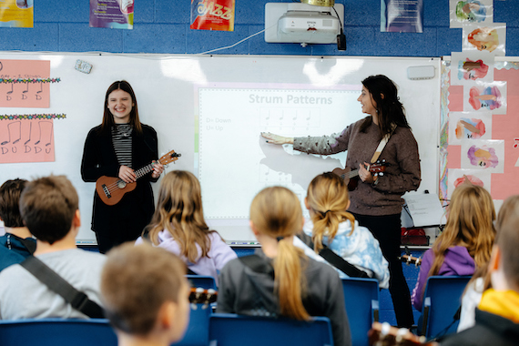 Student teachers teaching music in a classroom