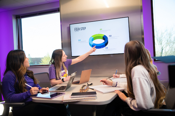Business students working on a presentation