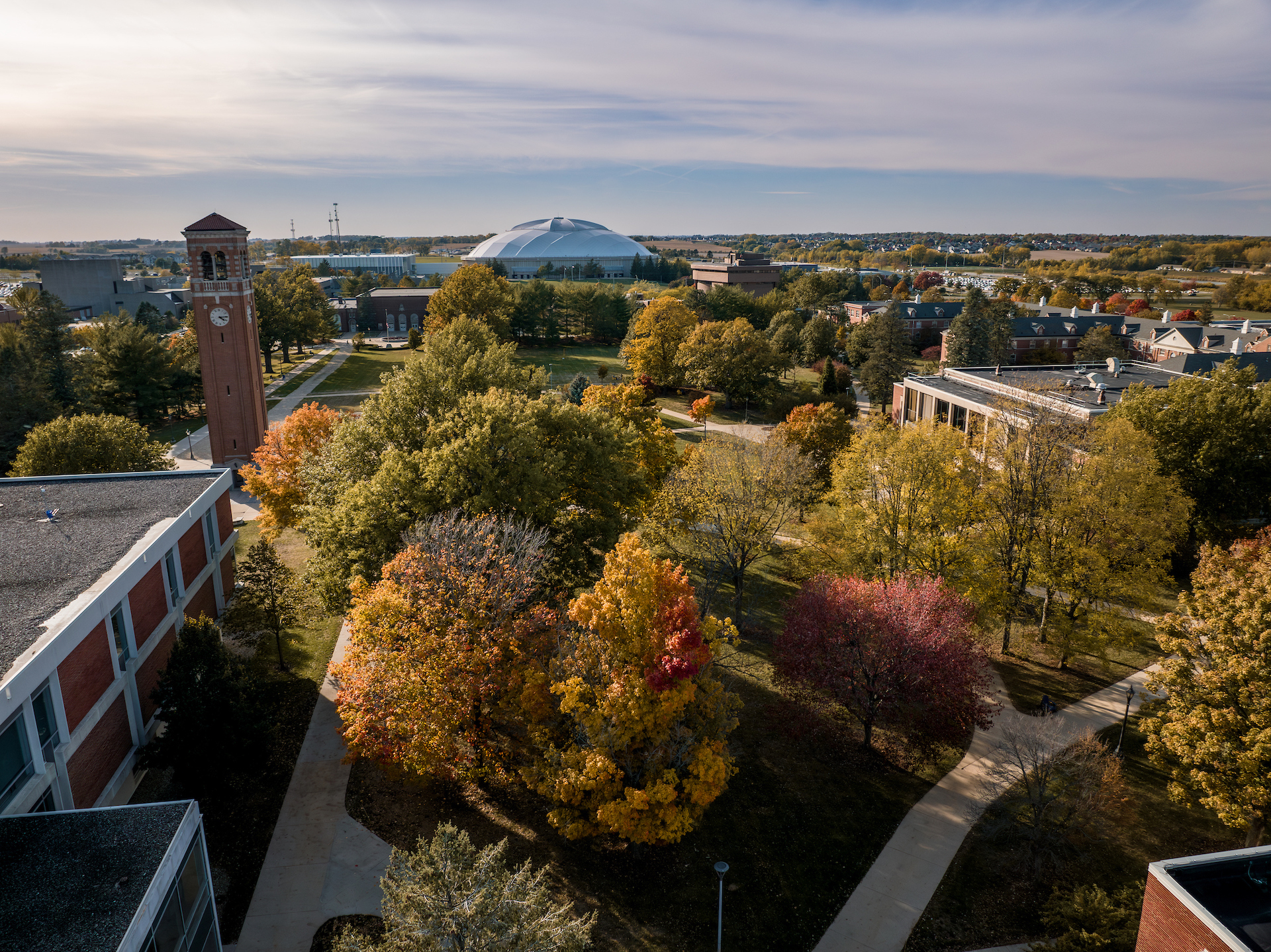 Fall drone shot of campus