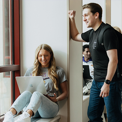 Business students connecting between classes at the University of Northern Iowa